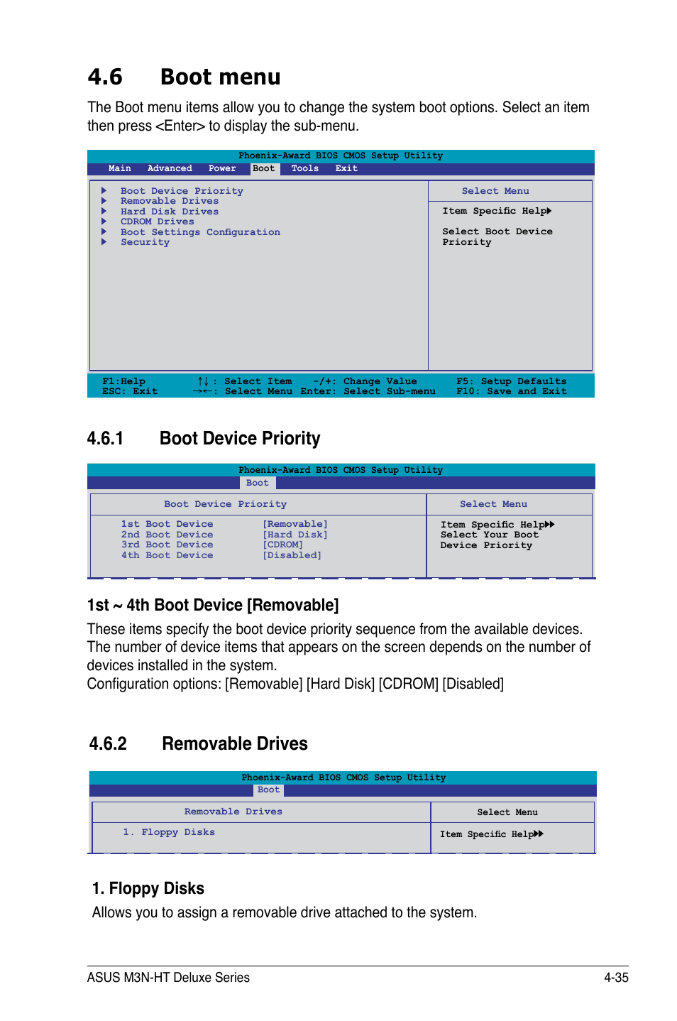 6 boot menu, 1 boot device priority, 2 removable drives | 1st ~ 4th boot device [removable, Floppy disks | Asus M3N-HT Deluxe/Mempipe User Manual | Page 113 / 192