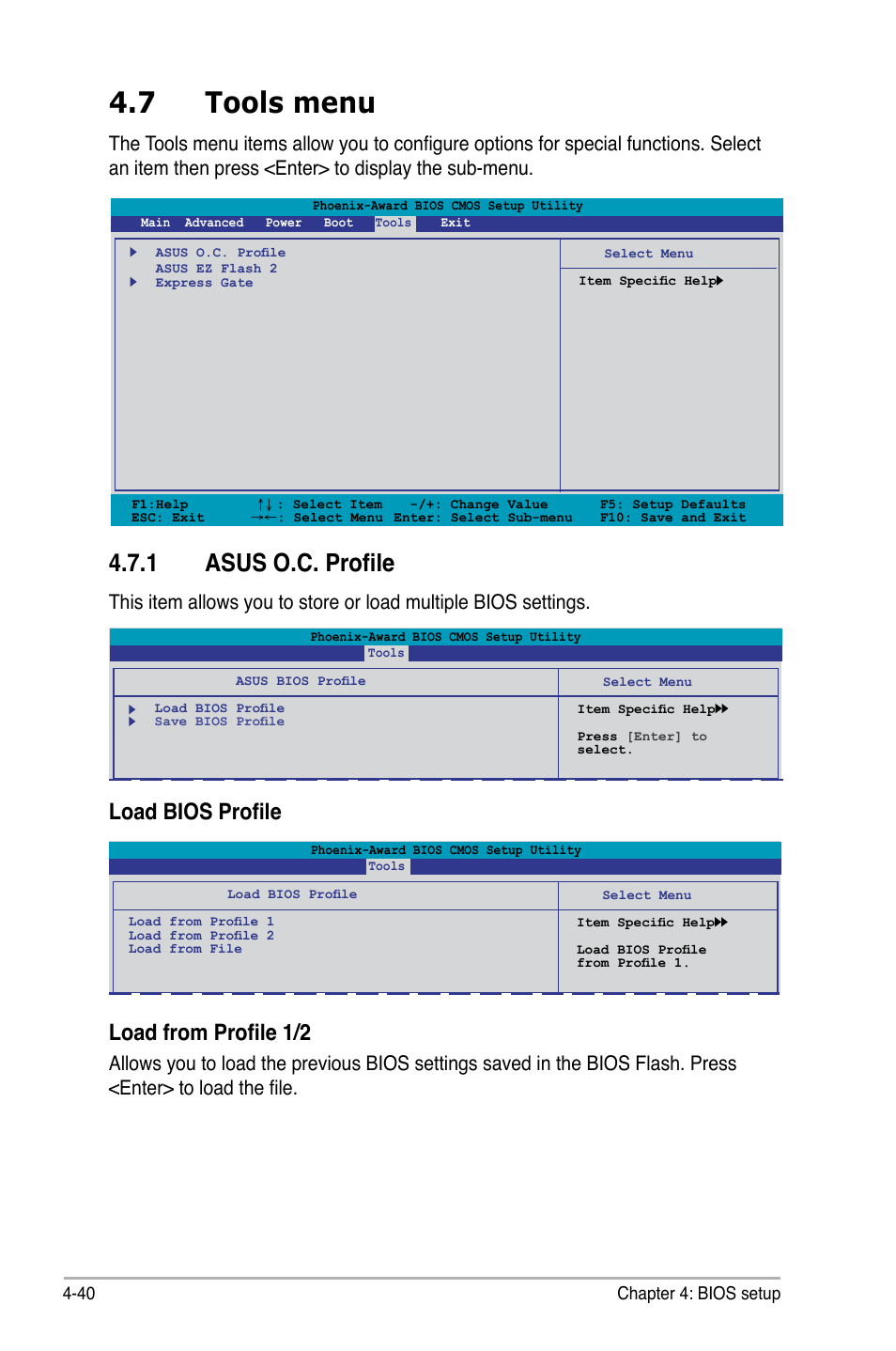 7 tools menu, 1 asus o.c. profile, Load bios profile load from profile 1/2 | Asus M3N-HT Deluxe/Mempipe User Manual | Page 118 / 192