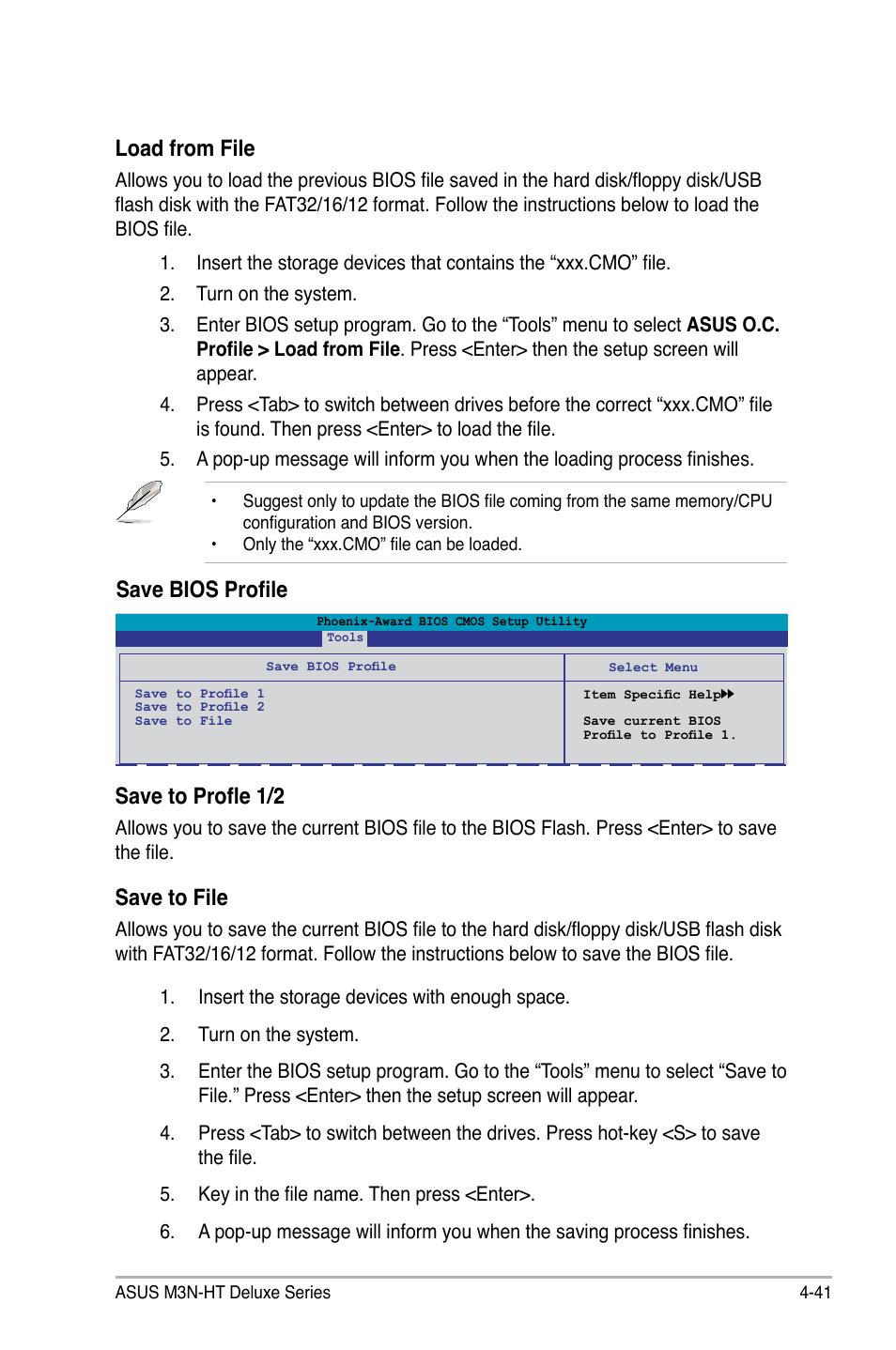 Load from file, Save bios profile save to profle 1/2, Save to file | Asus M3N-HT Deluxe/Mempipe User Manual | Page 119 / 192
