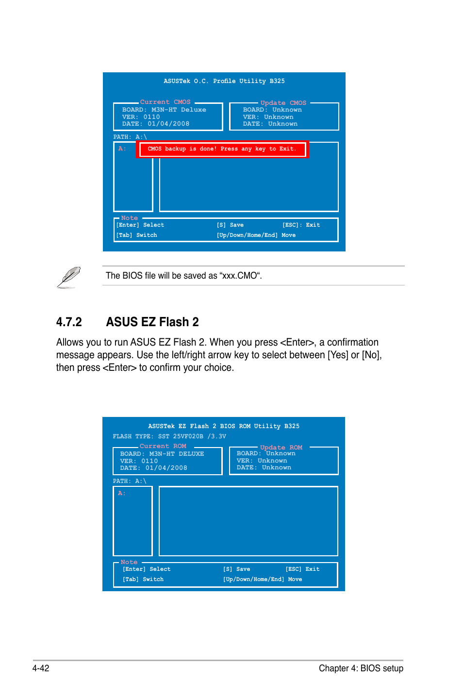 2 asus ez flash 2, 42 chapter 4: bios setup, The bios file will be saved as “xxx.cmo | Asus M3N-HT Deluxe/Mempipe User Manual | Page 120 / 192