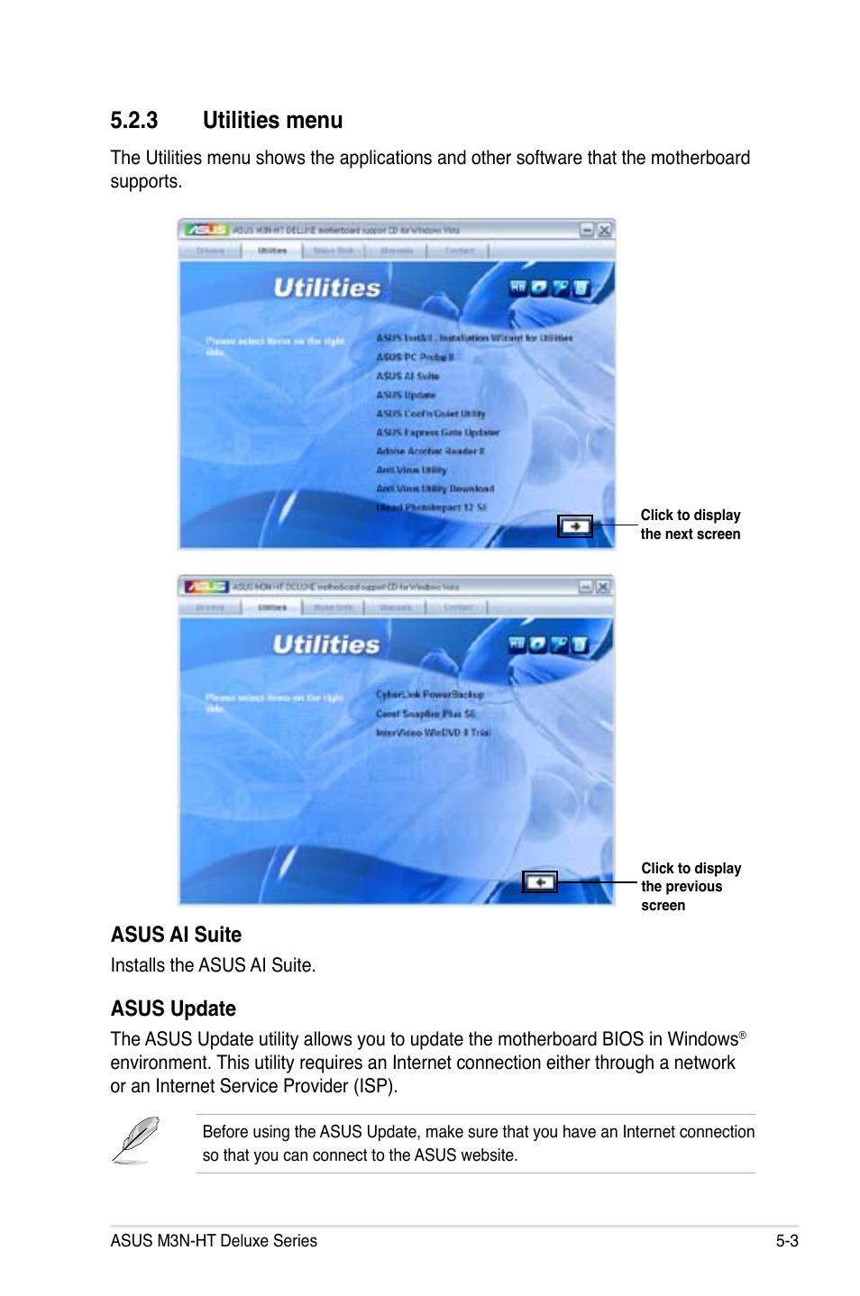 3 utilities menu, Asus ai suite, Asus update | Asus M3N-HT Deluxe/Mempipe User Manual | Page 127 / 192
