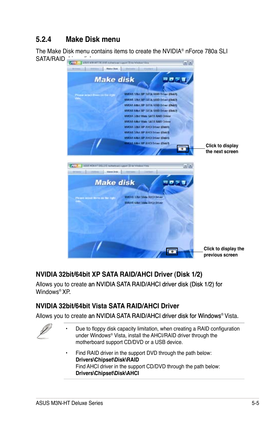 4 make disk menu, Nvidia 32bit/64bit vista sata raid/ahci driver | Asus M3N-HT Deluxe/Mempipe User Manual | Page 129 / 192