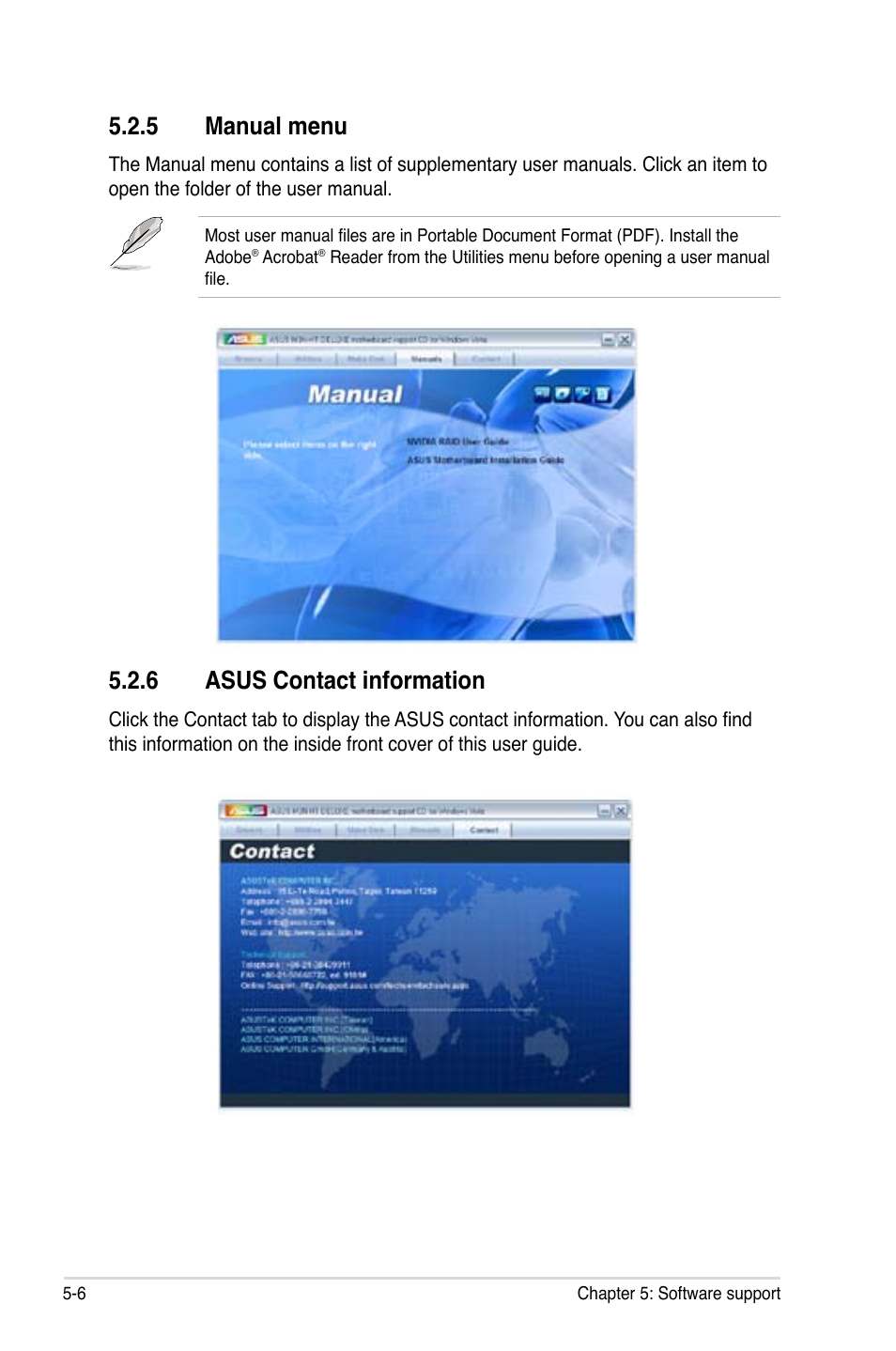 5 manual menu, 6 asus contact information | Asus M3N-HT Deluxe/Mempipe User Manual | Page 130 / 192