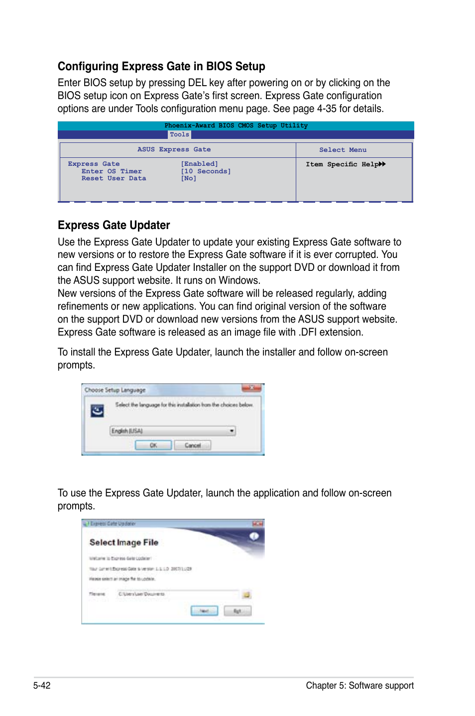 Configuring express gate in bios setup, Express gate updater | Asus M3N-HT Deluxe/Mempipe User Manual | Page 166 / 192