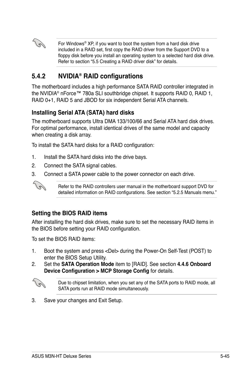 2 nvidia, Raid configurations, Setting the bios raid items | Installing serial ata (sata) hard disks | Asus M3N-HT Deluxe/Mempipe User Manual | Page 169 / 192