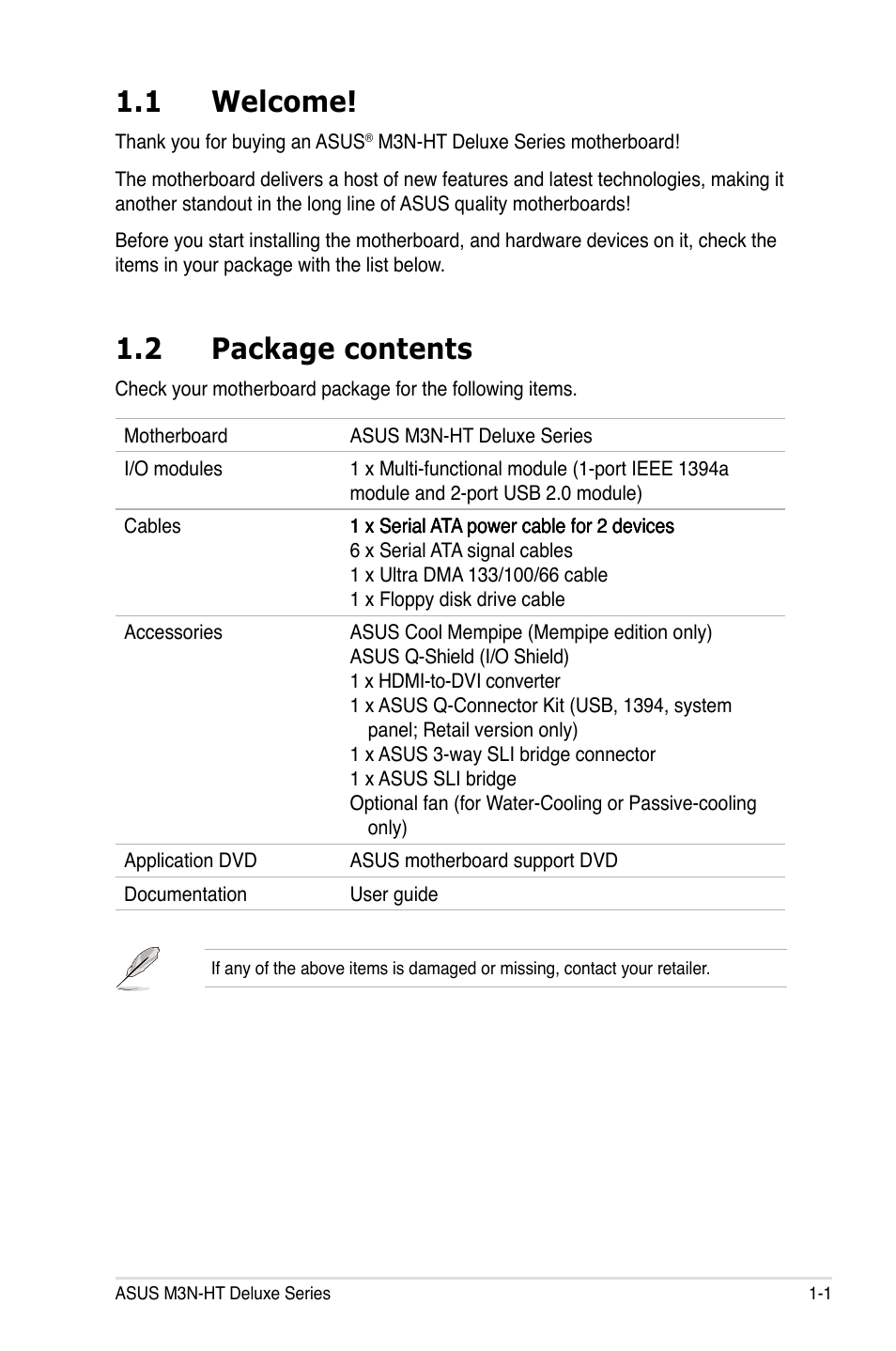 1 welcome, 2 package contents | Asus M3N-HT Deluxe/Mempipe User Manual | Page 17 / 192