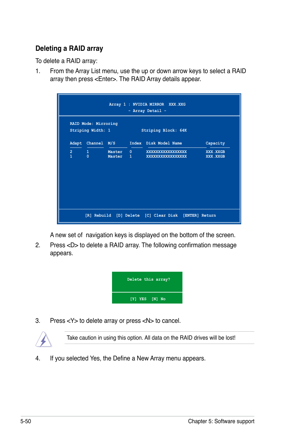 Deleting a raid array | Asus M3N-HT Deluxe/Mempipe User Manual | Page 174 / 192