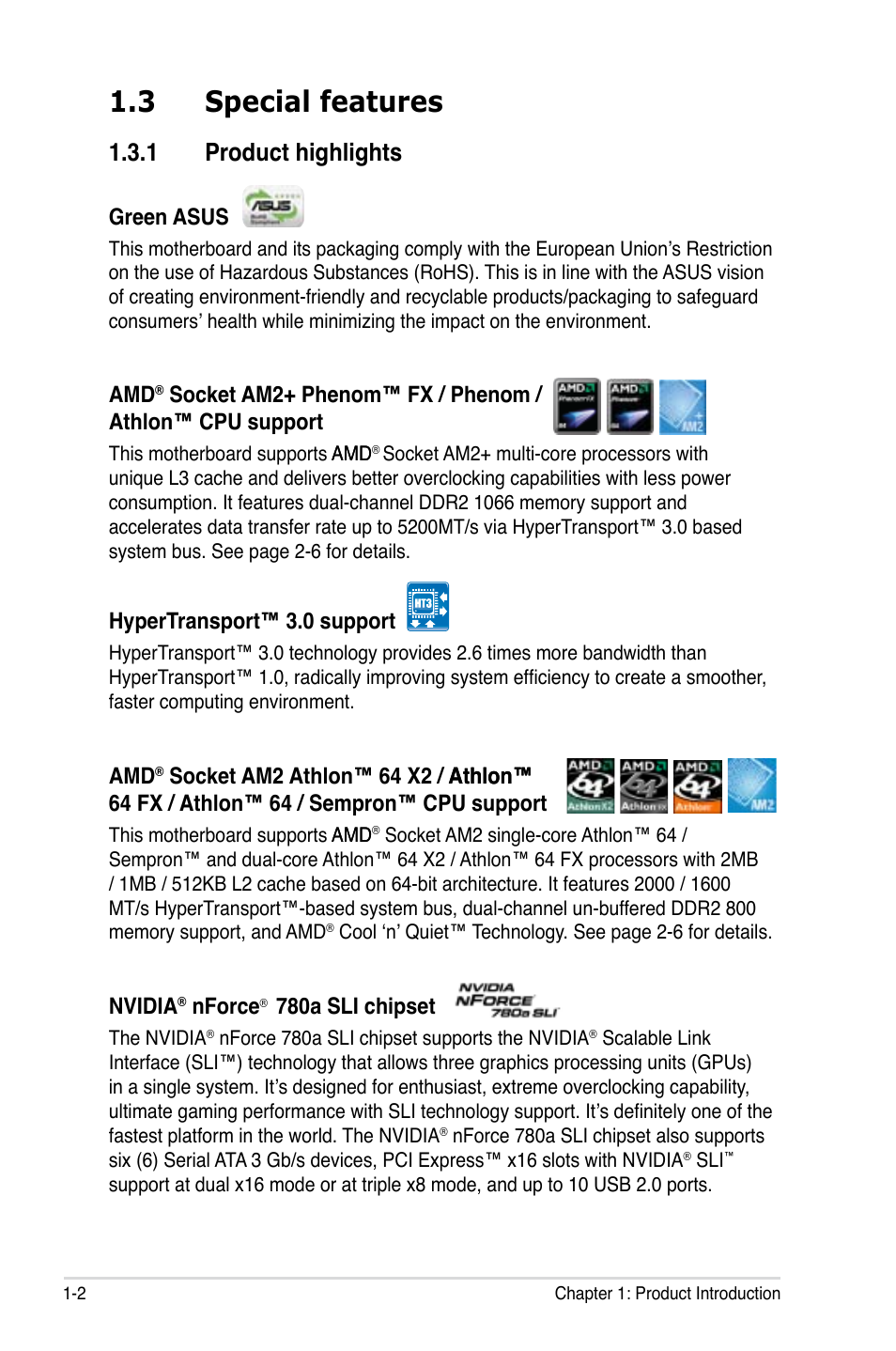 3 special features, 1 product highlights | Asus M3N-HT Deluxe/Mempipe User Manual | Page 18 / 192