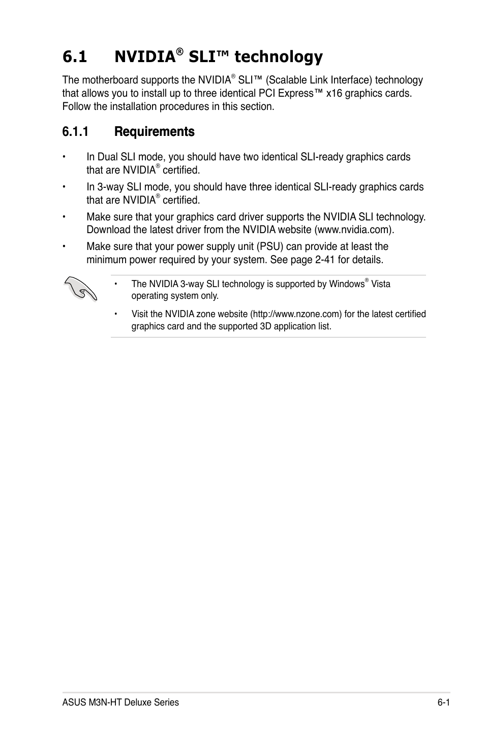 1 nvidia, Sli™ technology, 1 requirements requirements | Asus M3N-HT Deluxe/Mempipe User Manual | Page 181 / 192