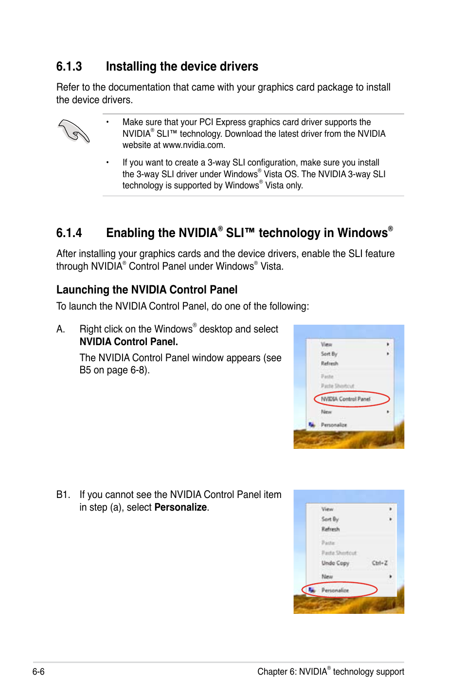 3 installing the device drivers, 4 enabling the nvidia, Sli™ technology in windows | Launching the nvidia control panel | Asus M3N-HT Deluxe/Mempipe User Manual | Page 186 / 192