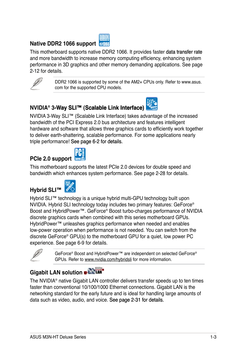 Nvidia, Pcie 2.0 support, Hybrid sli | Gigabit lan solution | Asus M3N-HT Deluxe/Mempipe User Manual | Page 19 / 192