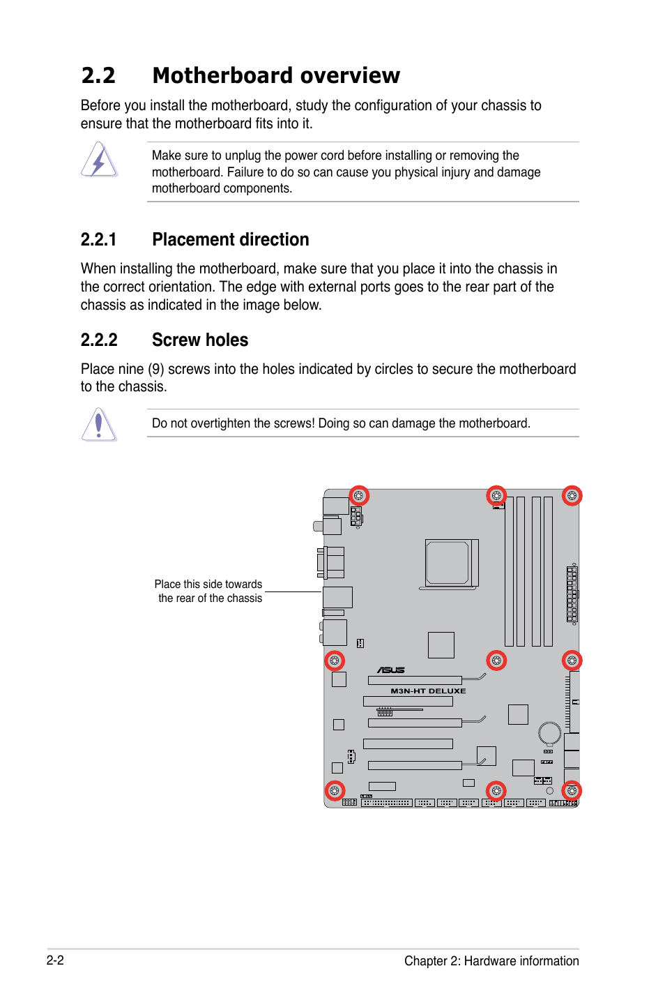 2 motherboard overview, 1 placement direction, 2 screw holes | Asus M3N-HT Deluxe/Mempipe User Manual | Page 28 / 192