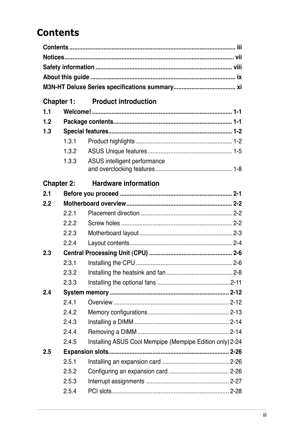 Asus M3N-HT Deluxe/Mempipe User Manual | Page 3 / 192