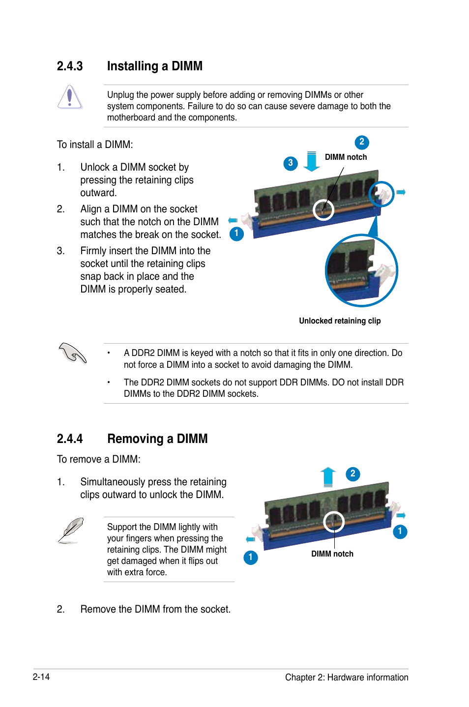 3 installing a dimm, 4 removing a dimm | Asus M3N-HT Deluxe/Mempipe User Manual | Page 40 / 192