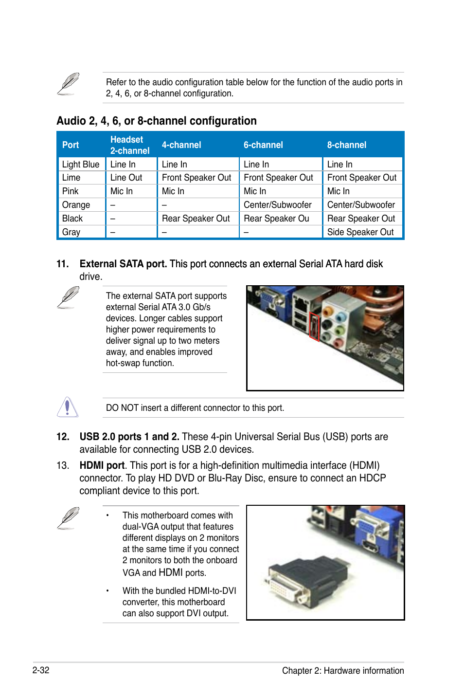 Audio 2, 4, 6, or 8-channel configuration | Asus M3N-HT Deluxe/Mempipe User Manual | Page 58 / 192