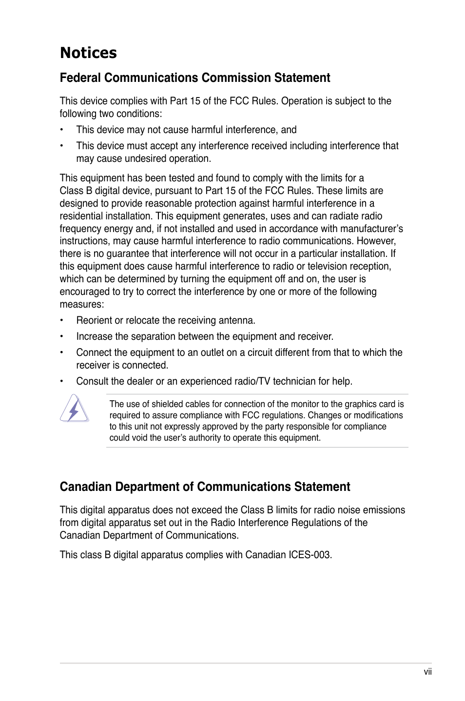 Notices, Federal communications commission statement, Canadian department of communications statement | Asus M3N-HT Deluxe/Mempipe User Manual | Page 7 / 192