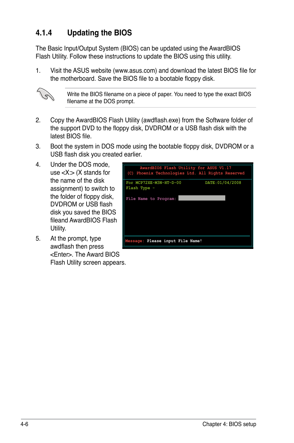 4 updating the bios | Asus M3N-HT Deluxe/Mempipe User Manual | Page 84 / 192