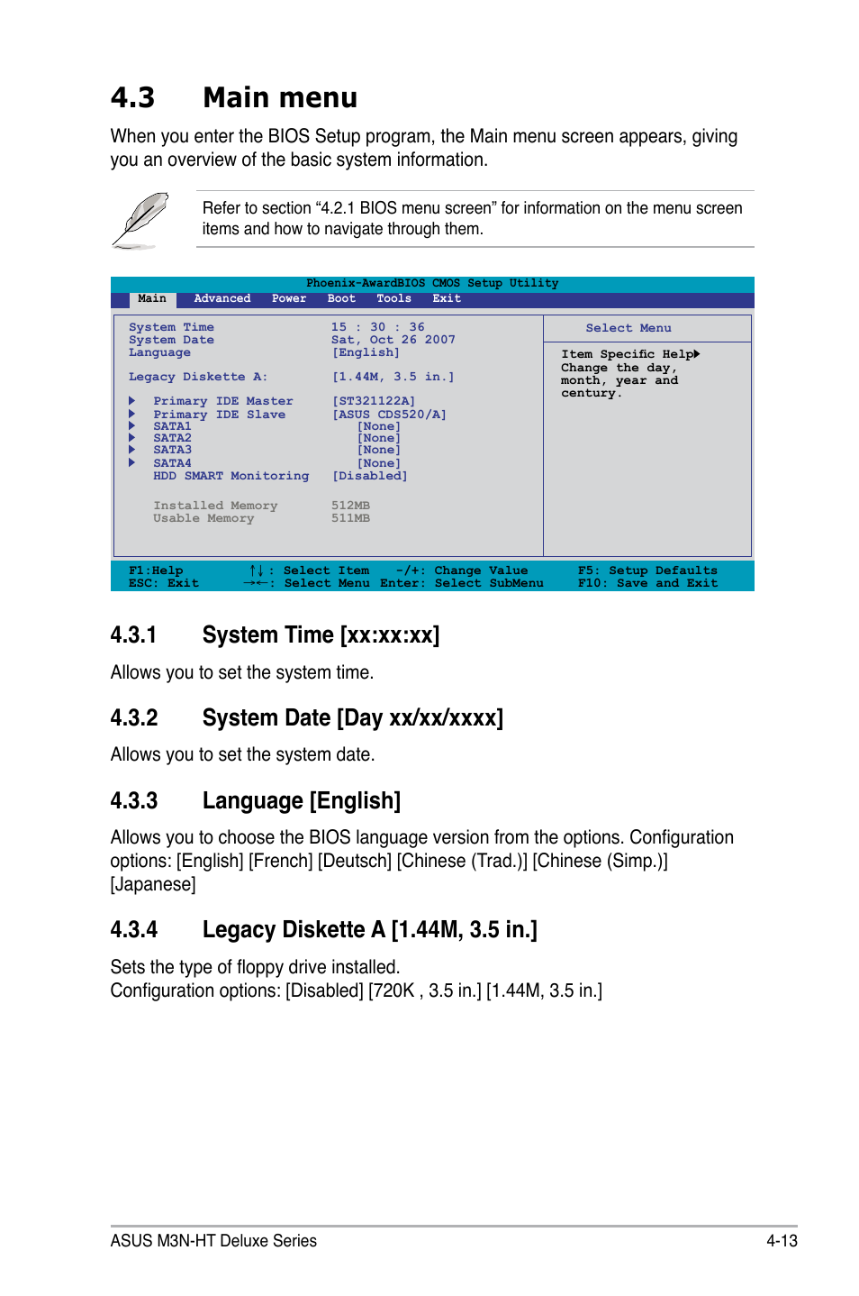 3 main menu, 1 system time [xx:xx:xx, 3 language [english | Allows you to set the system time, Allows you to set the system date | Asus M3N-HT Deluxe/Mempipe User Manual | Page 91 / 192