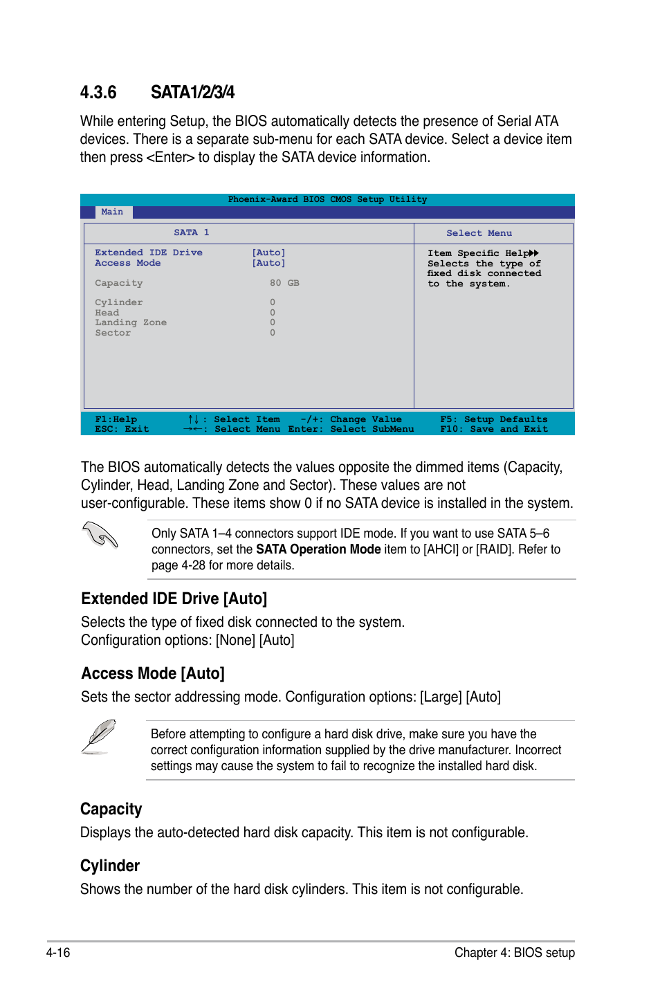 Extended ide drive [auto, Access mode [auto, Capacity | Cylinder | Asus M3N-HT Deluxe/Mempipe User Manual | Page 94 / 192