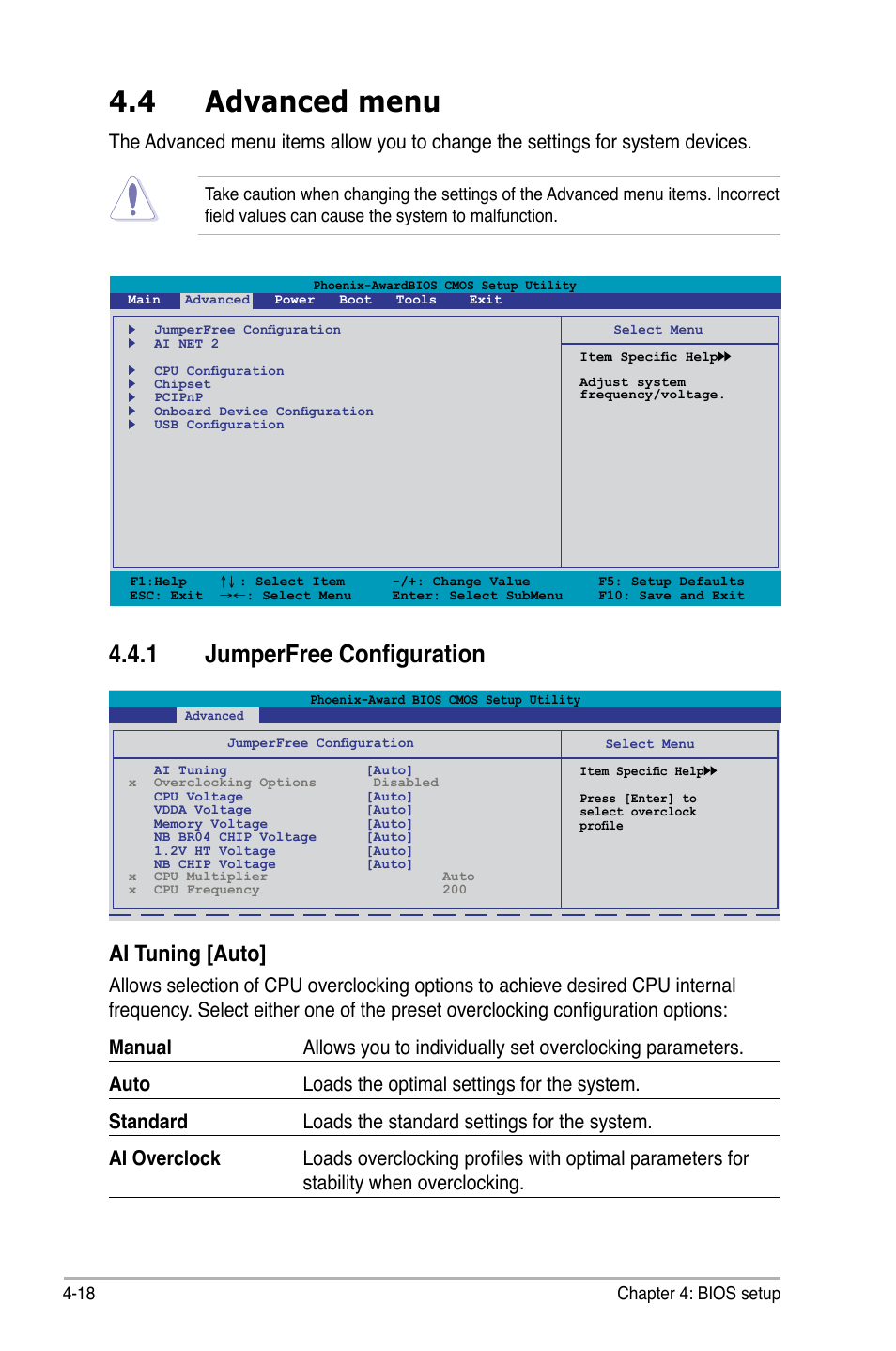 4 advanced menu, 1 jumperfree configuration, Ai tuning [auto | Asus M3N-HT Deluxe/Mempipe User Manual | Page 96 / 192