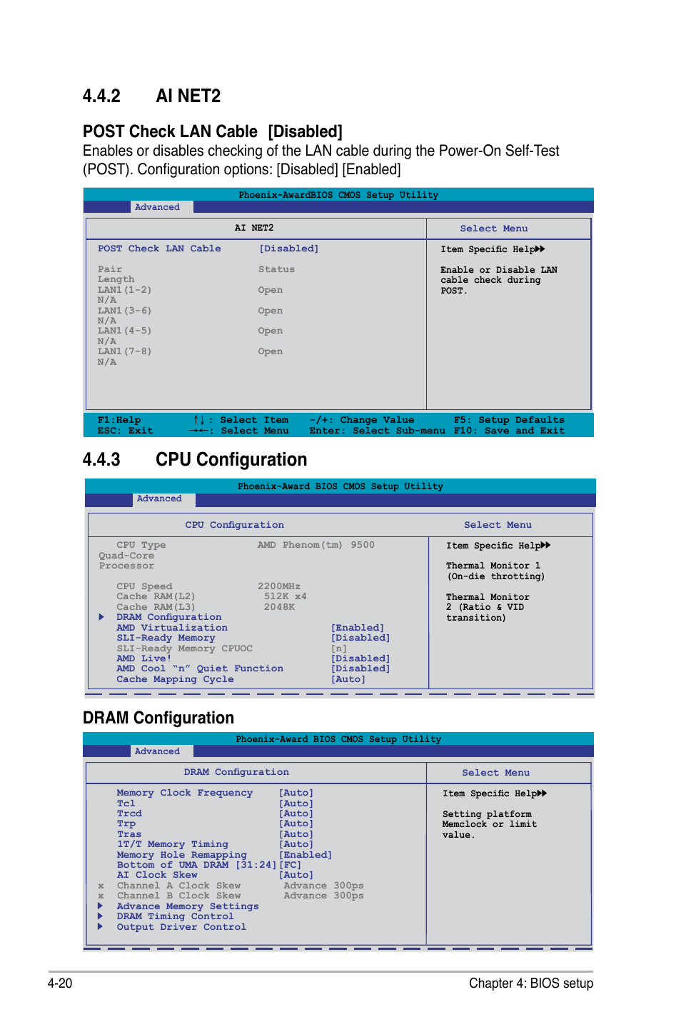 2 ai net2, 3 cpu configuration, Post check lan cable [disabled | Dram configuration, 20 chapter 4: bios setup | Asus M3N-HT Deluxe/Mempipe User Manual | Page 98 / 192