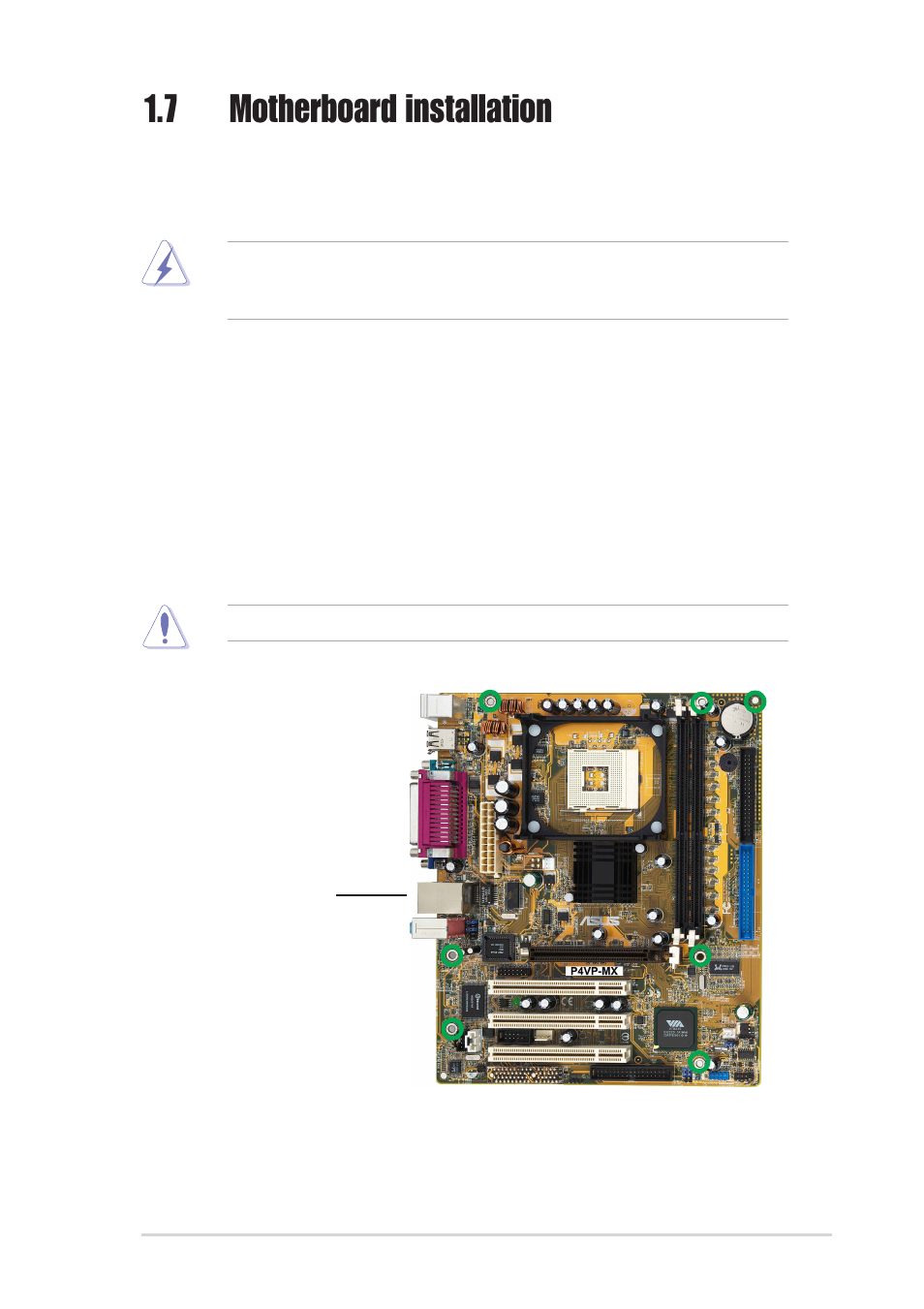 7 motherboard installation, 1 placement direction, 2 screw holes | Asus P4VP-MX User Manual | Page 19 / 62