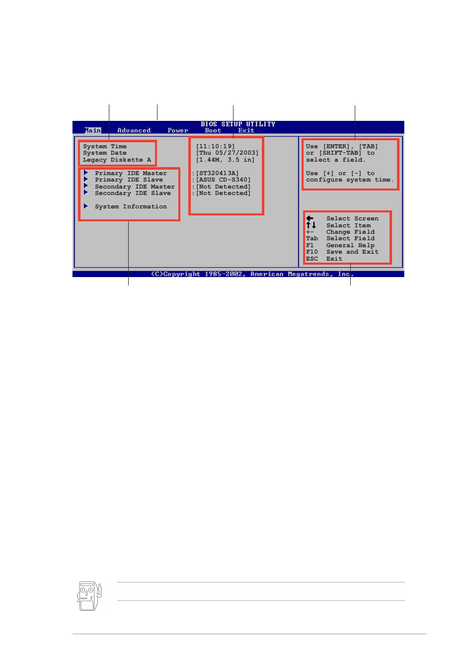 2 menu bar, 1 bios menu screen, 3 navigation keys | Asus P4VP-MX User Manual | Page 39 / 62