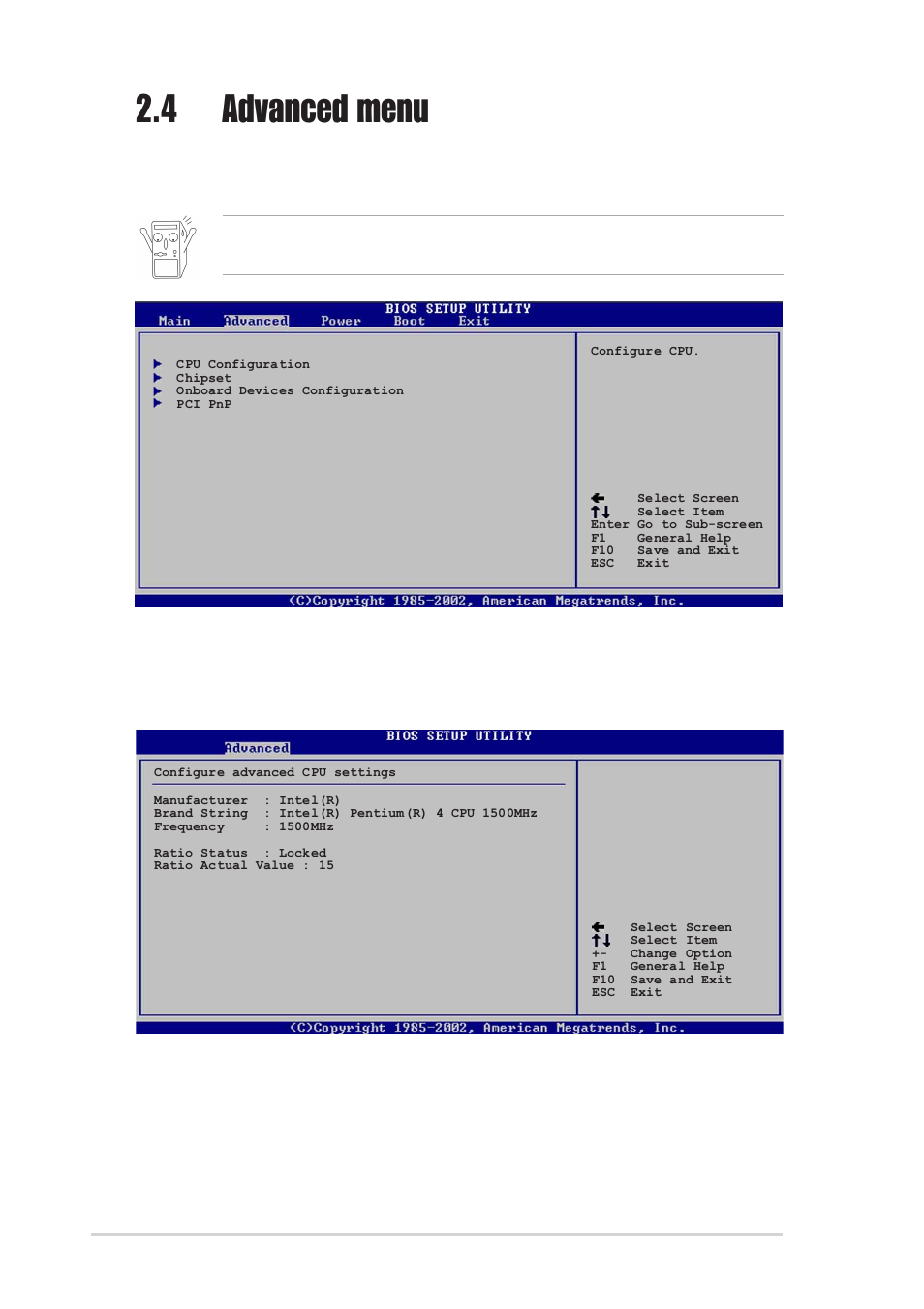 4 advanced menu, 1 cpu configuration, Hyper-threading technology [enabled | Asus P4VP-MX User Manual | Page 44 / 62