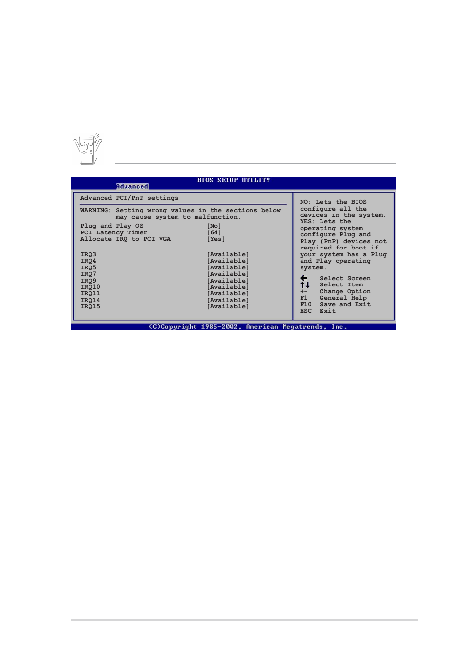 4 pci pnp, Plug and play o/s [no, Pci latency timer [64 | Allocate irq to pci vga [yes, Irq xx [available, Asus p4vp-mx motherboard 2-17 | Asus P4VP-MX User Manual | Page 49 / 62