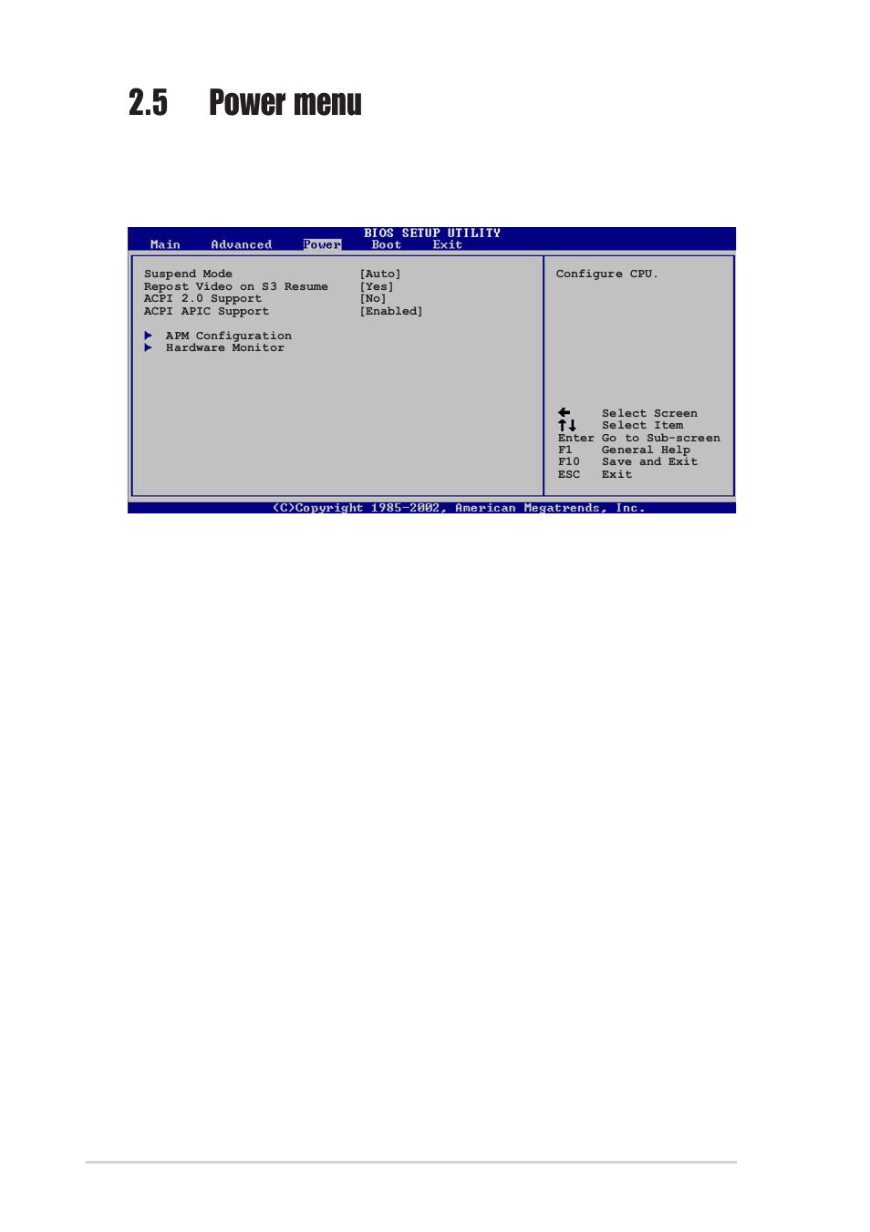 5 power menu, 1 suspend mode [auto, 2 repost video on s3 resume [no | 3 acpi 2.0 support [no, 4 acpi apic support [enabled | Asus P4VP-MX User Manual | Page 50 / 62