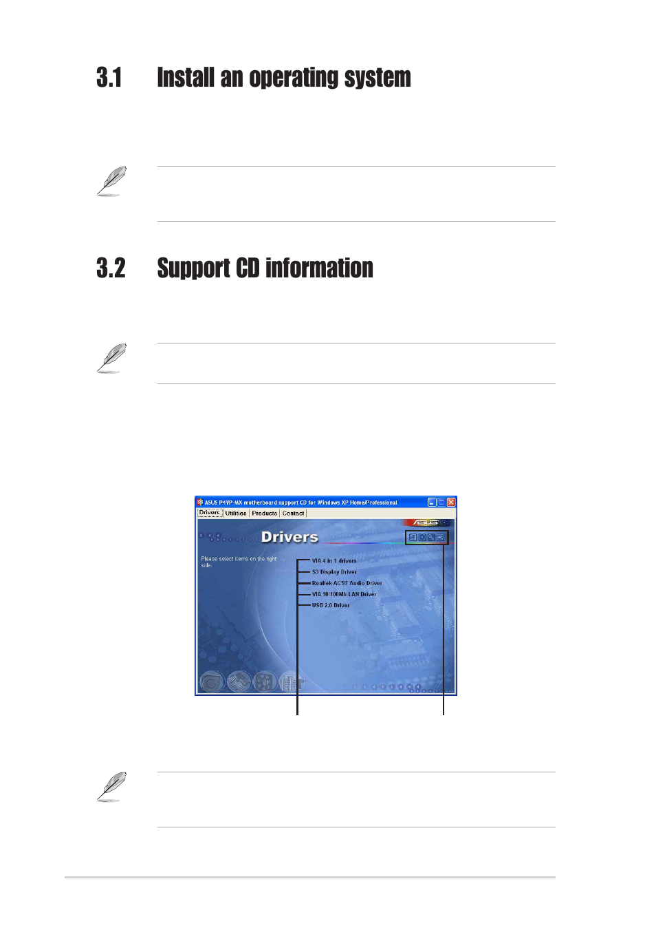 1 install an operating system, 2 support cd information, 1 running the support cd | Asus P4VP-MX User Manual | Page 60 / 62