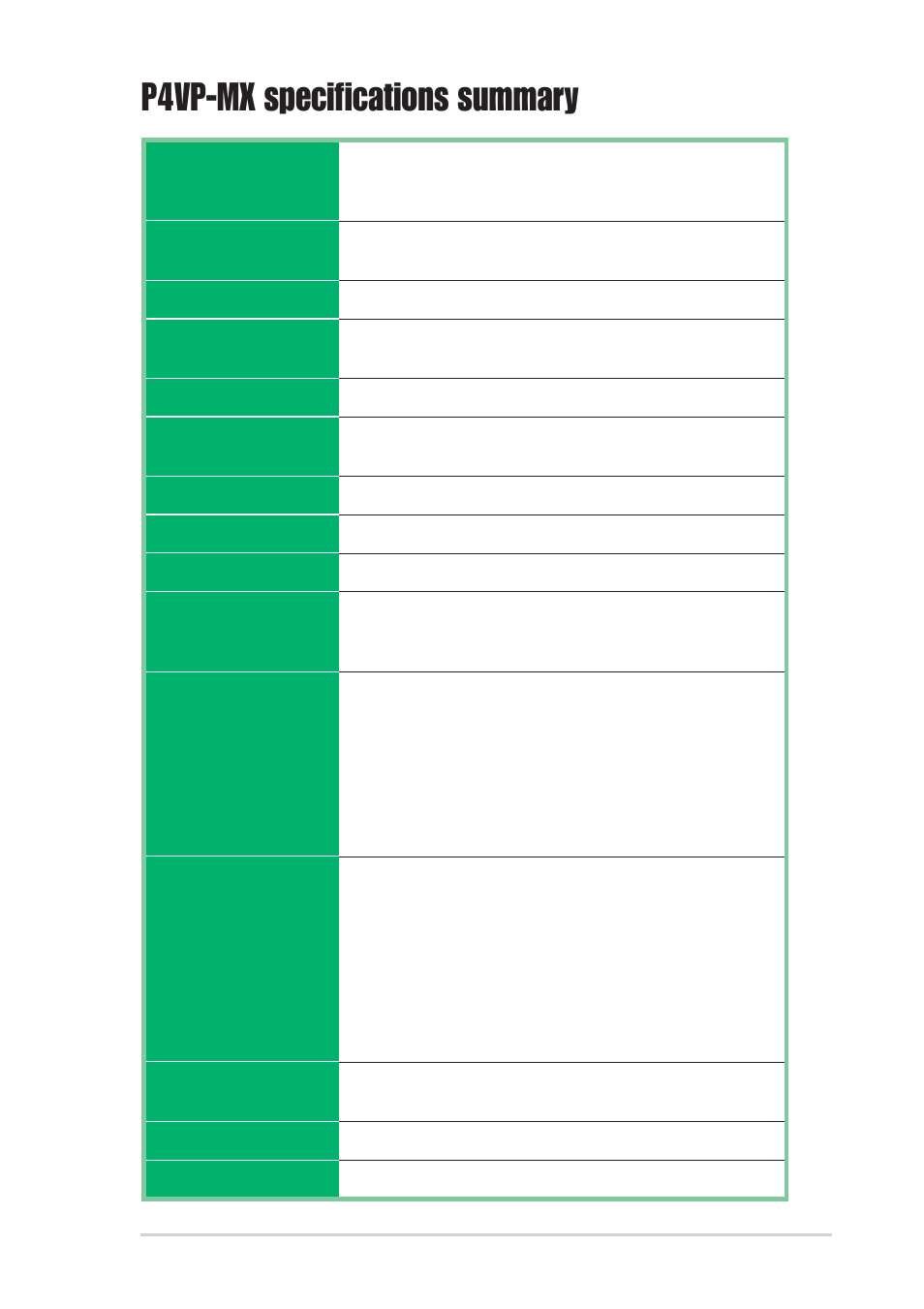 P4vp-mx specifications summary | Asus P4VP-MX User Manual | Page 9 / 62