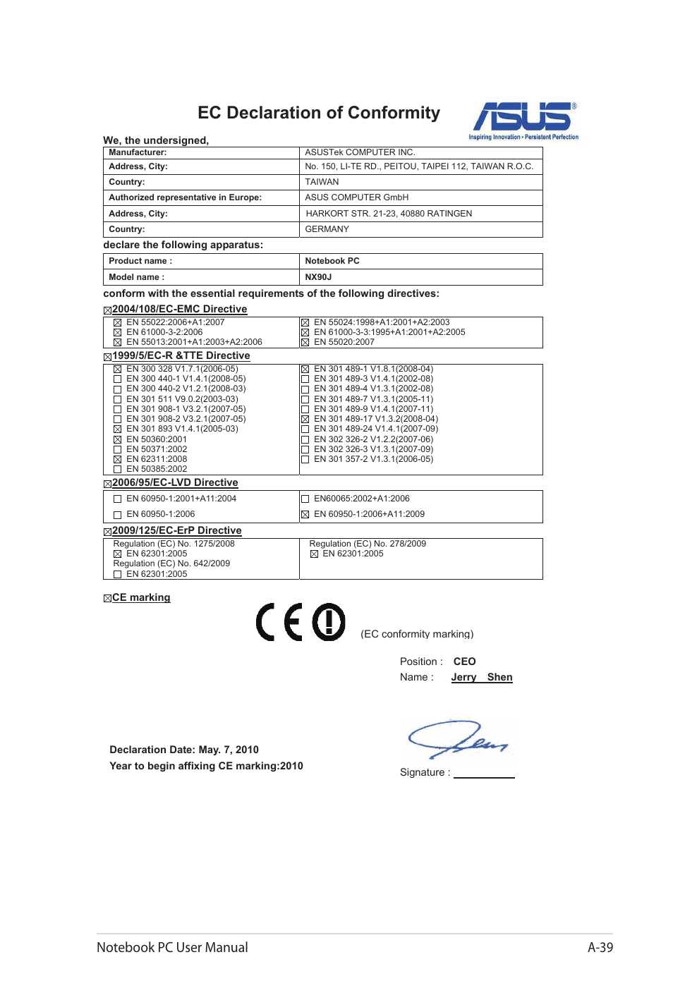 Ec declaration of conformity | Asus NX90Jq User Manual | Page 107 / 108