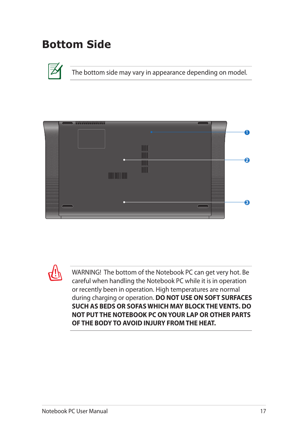 Bottom side | Asus NX90Jq User Manual | Page 17 / 108