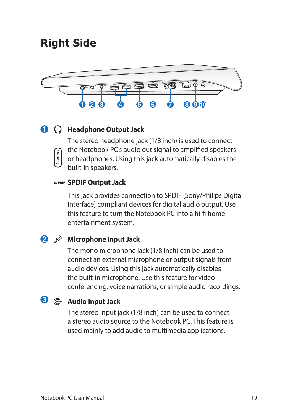 Right side | Asus NX90Jq User Manual | Page 19 / 108