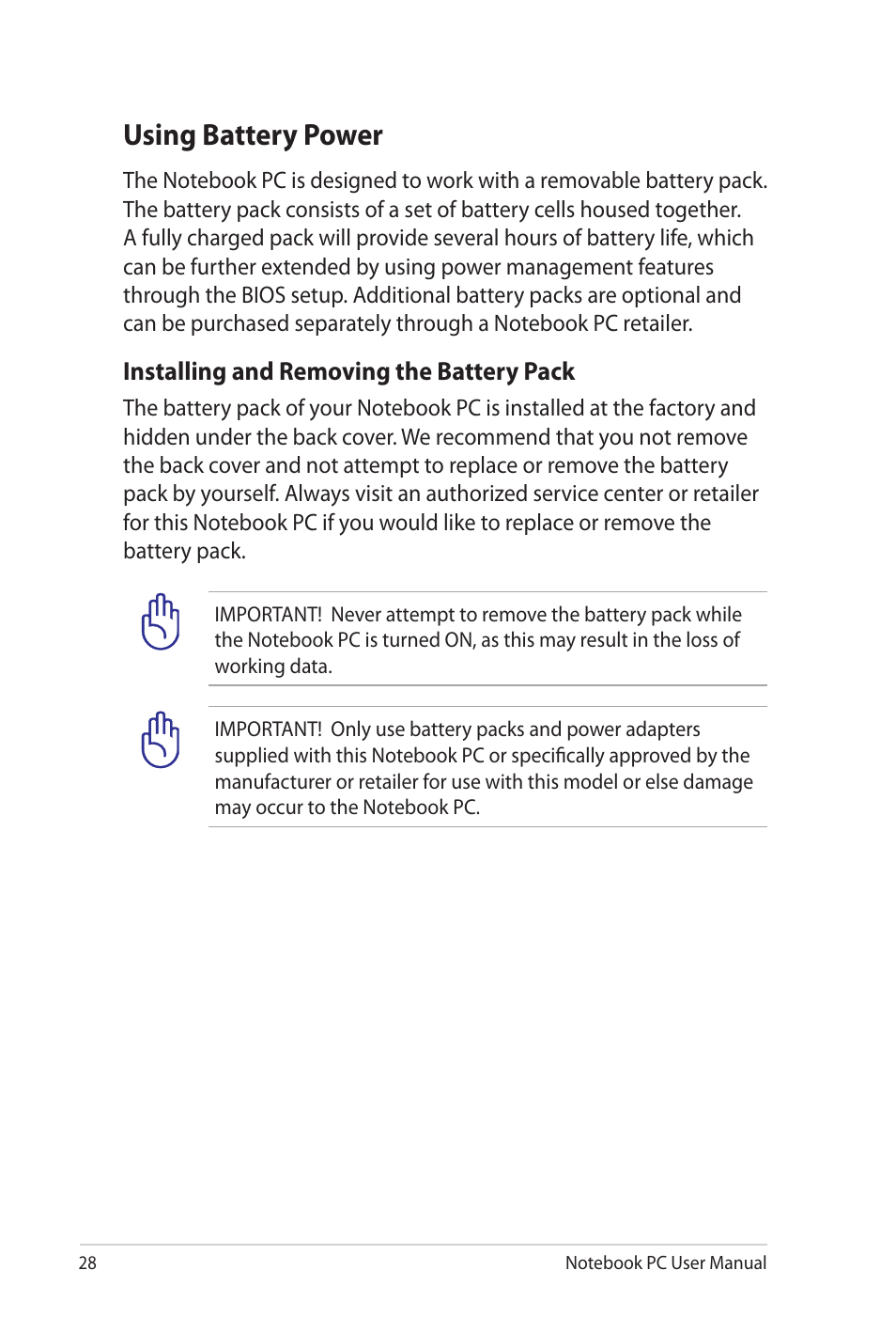 Using battery power | Asus NX90Jq User Manual | Page 28 / 108