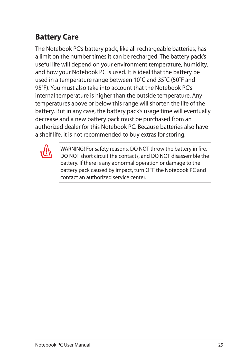 Battery care | Asus NX90Jq User Manual | Page 29 / 108