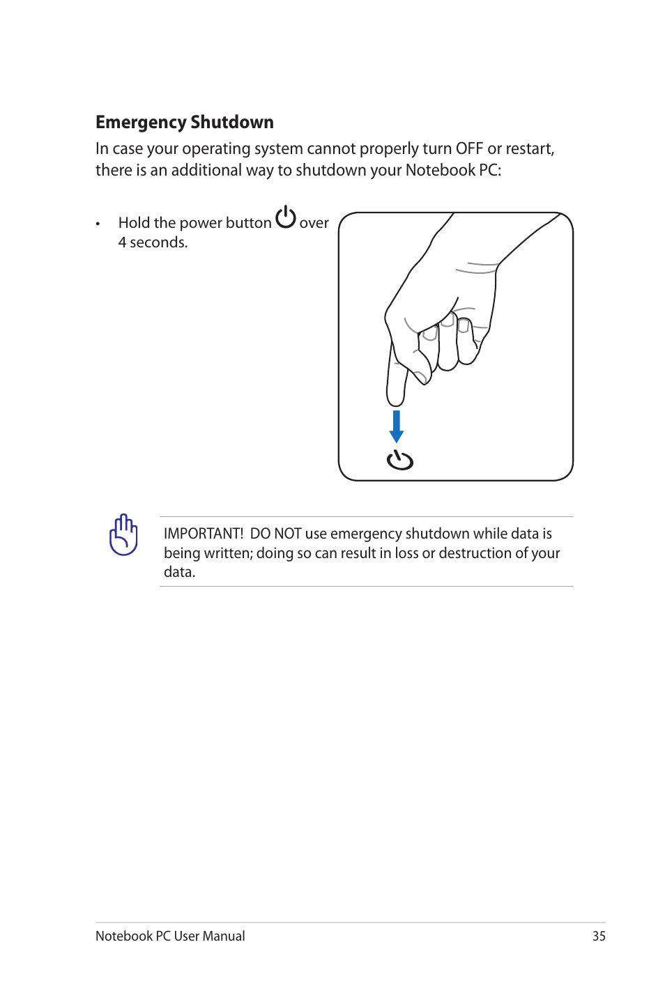 Emergency shutdown | Asus NX90Jq User Manual | Page 35 / 108