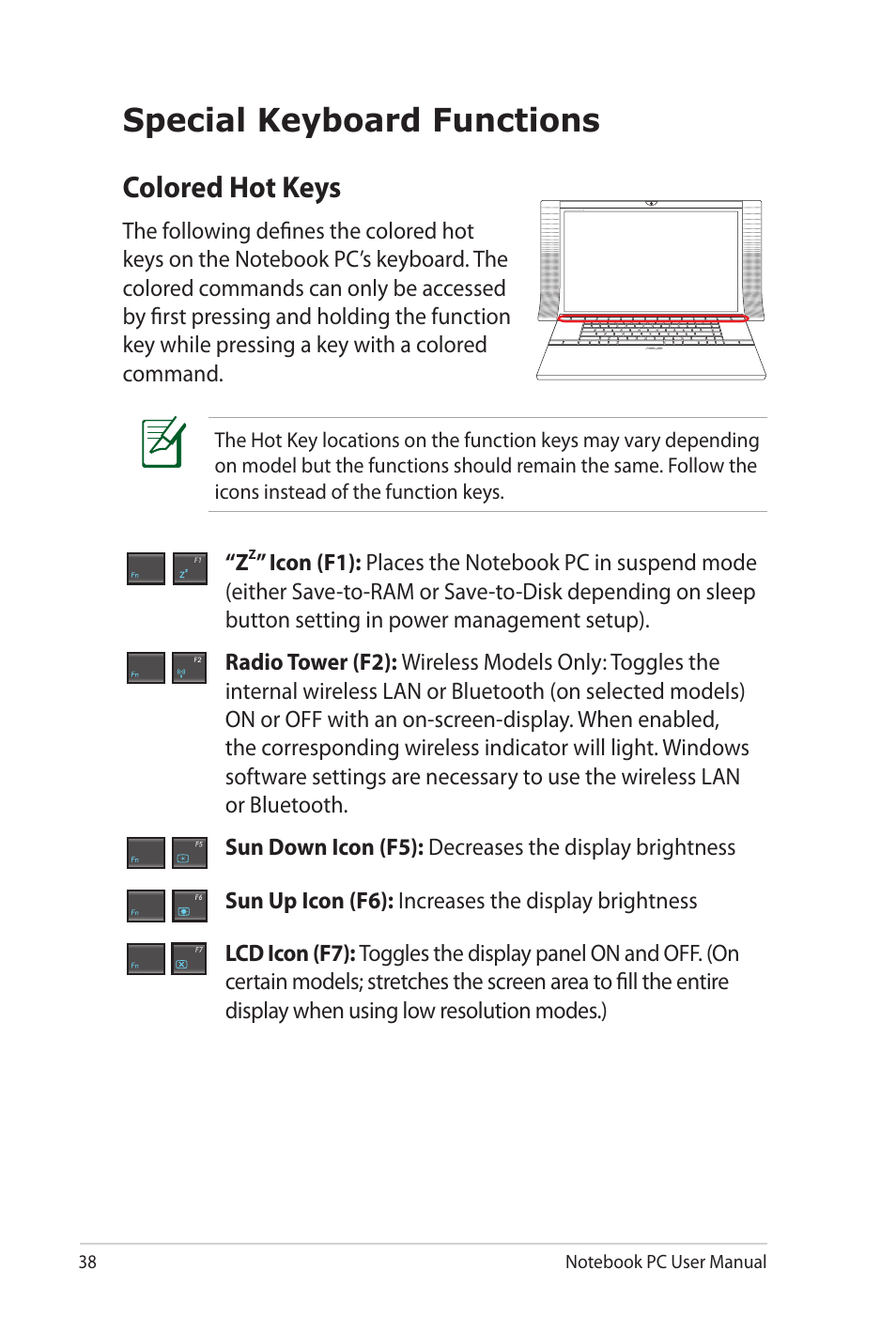 Special keyboard functions, Colored hot keys | Asus NX90Jq User Manual | Page 38 / 108