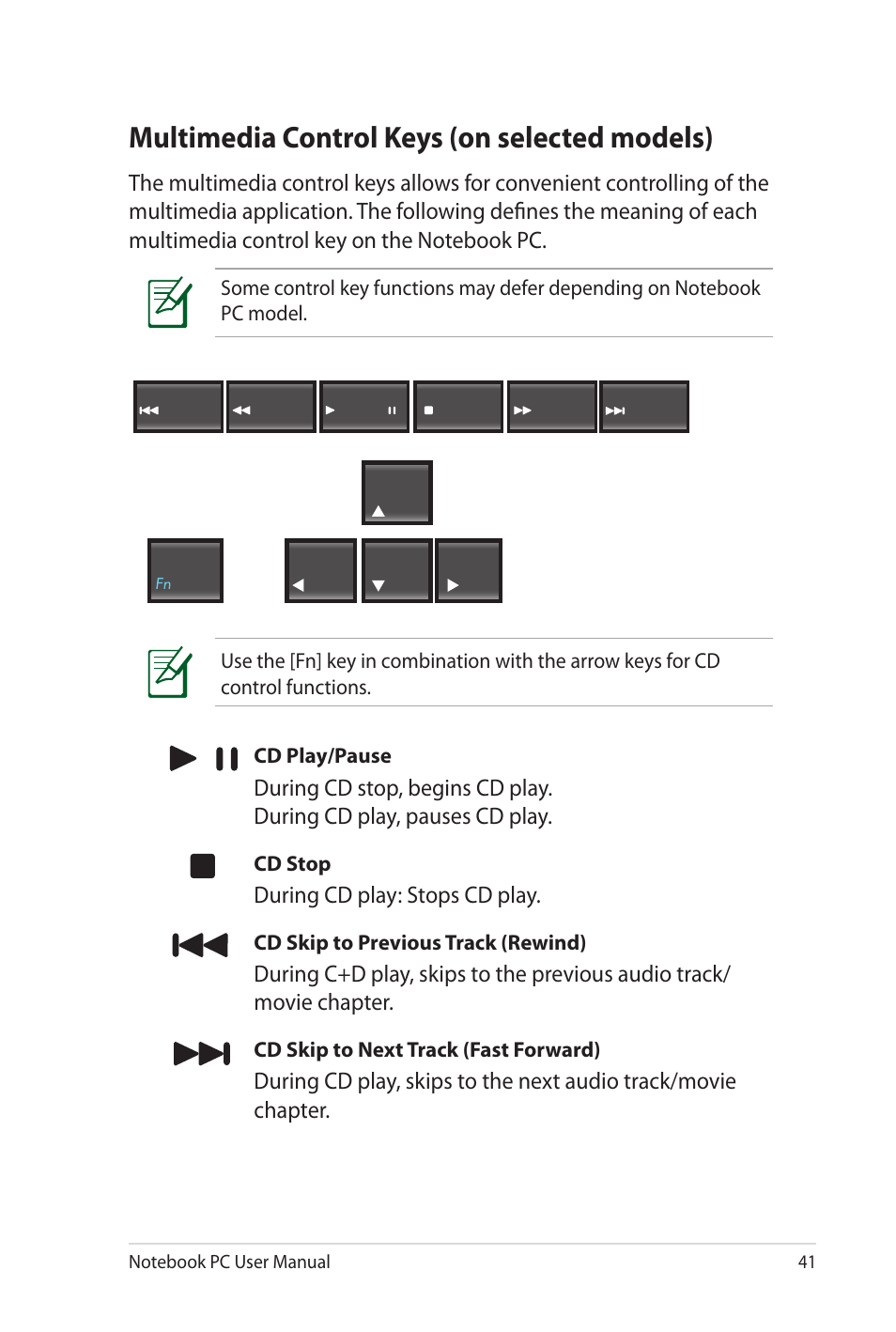 Multimedia control keys (on selected models) | Asus NX90Jq User Manual | Page 41 / 108