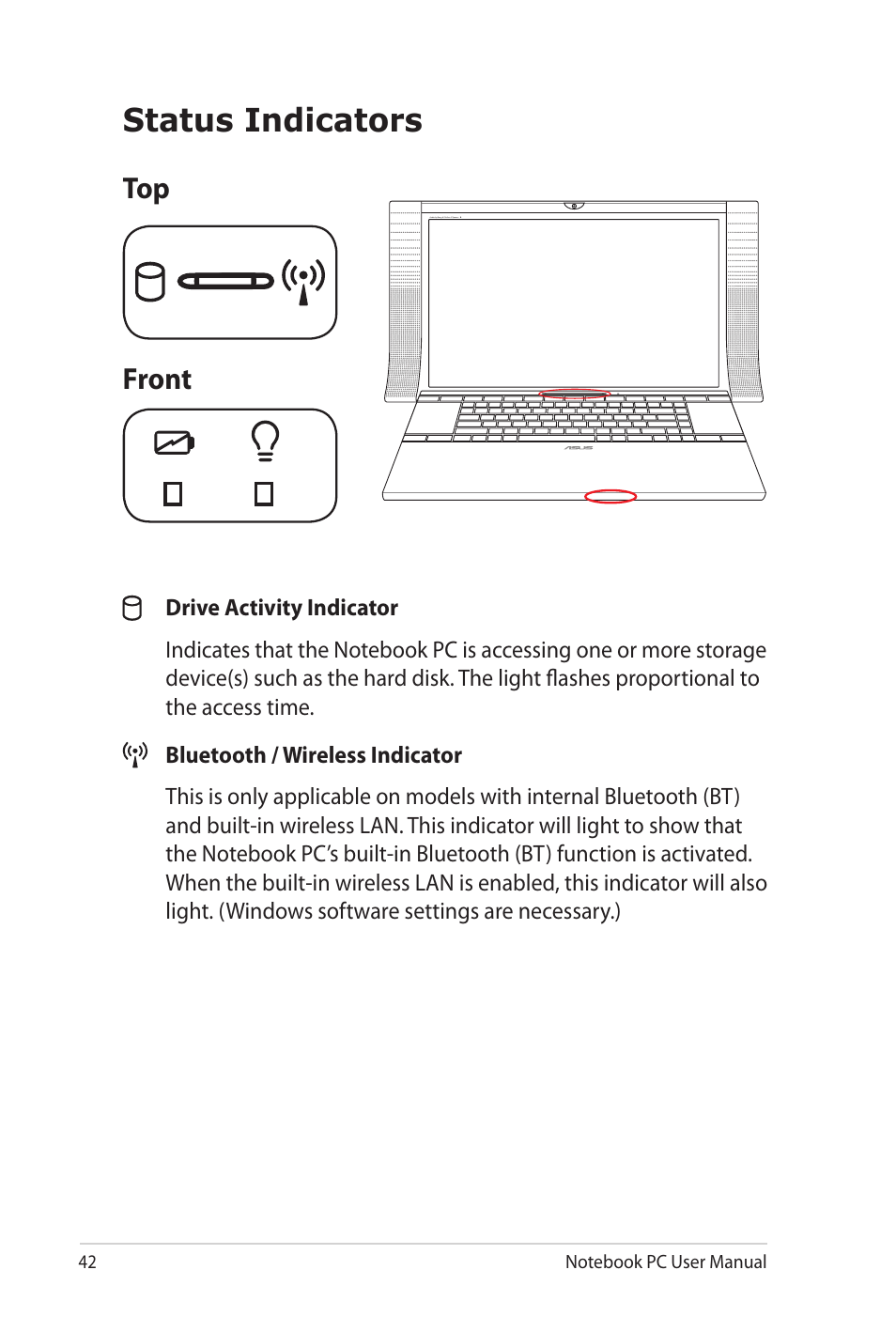 Status indicators, Front | Asus NX90Jq User Manual | Page 42 / 108