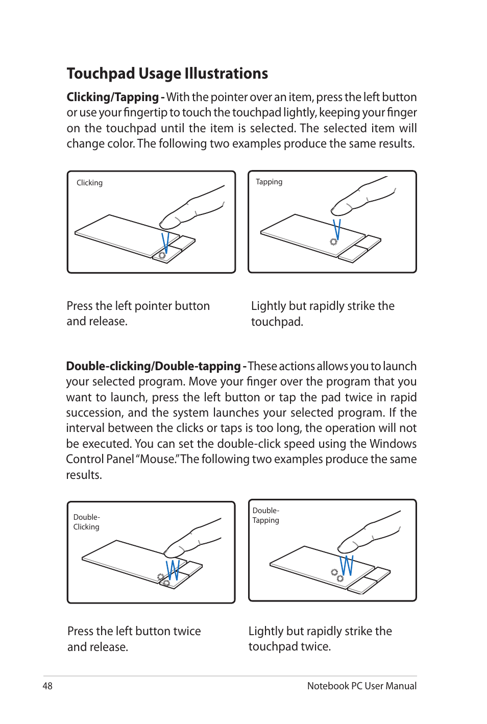 Touchpad usage illustrations | Asus NX90Jq User Manual | Page 48 / 108