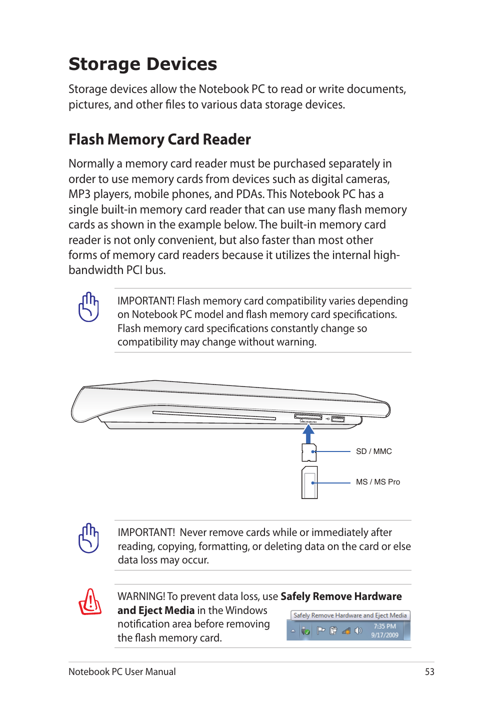 Storage devices, Flash memory card reader | Asus NX90Jq User Manual | Page 53 / 108
