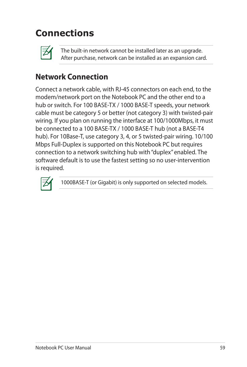 Connections, Network connection | Asus NX90Jq User Manual | Page 59 / 108