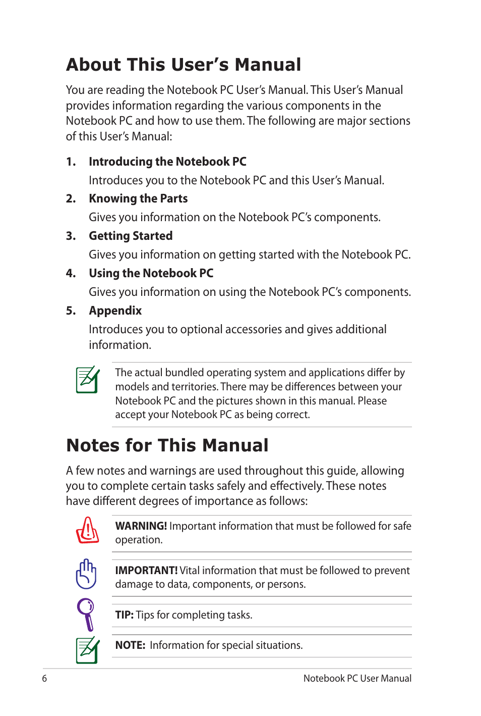 About this user’s manual, Notes for this manual, About this user’s manual notes for this manual | Asus NX90Jq User Manual | Page 6 / 108