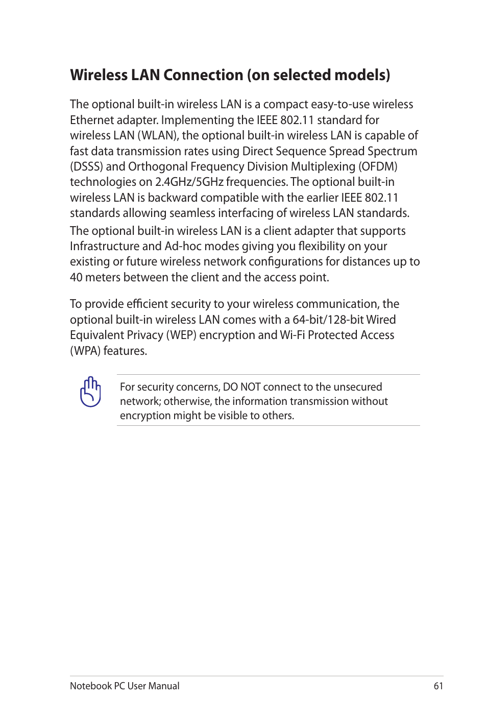 Wireless lan connection (on selected models) | Asus NX90Jq User Manual | Page 61 / 108