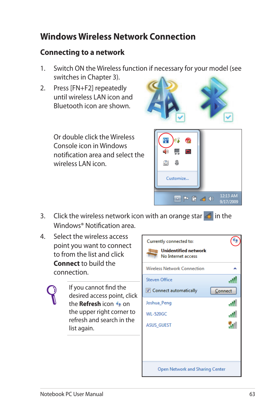 Windows wireless network connection | Asus NX90Jq User Manual | Page 63 / 108