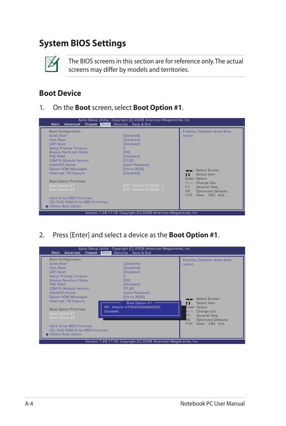 System bios settings, Boot device, On the boot screen, select boot option #1 | Asus NX90Jq User Manual | Page 72 / 108