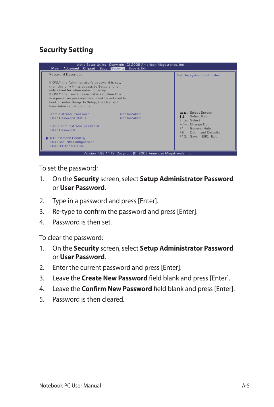 Security setting | Asus NX90Jq User Manual | Page 73 / 108