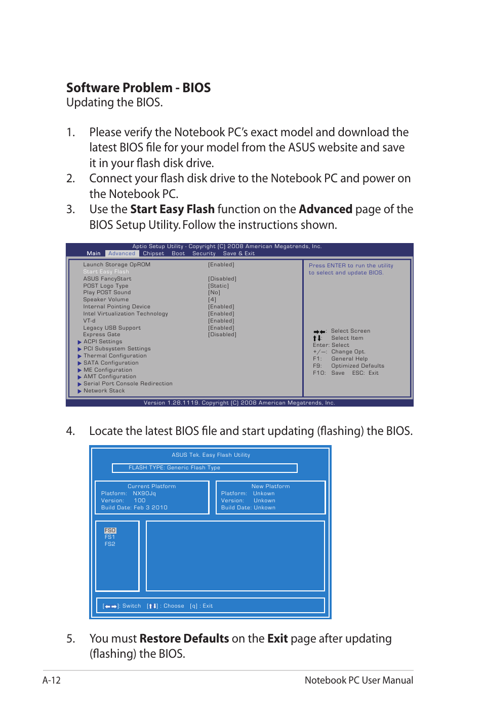 Software problem - bios | Asus NX90Jq User Manual | Page 80 / 108